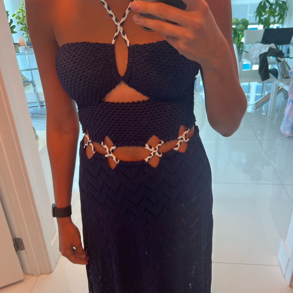 PatBo Cutout textured Jersey and open knit maxi dress in indigo NEW COLLECTION - Picture 9 of 9